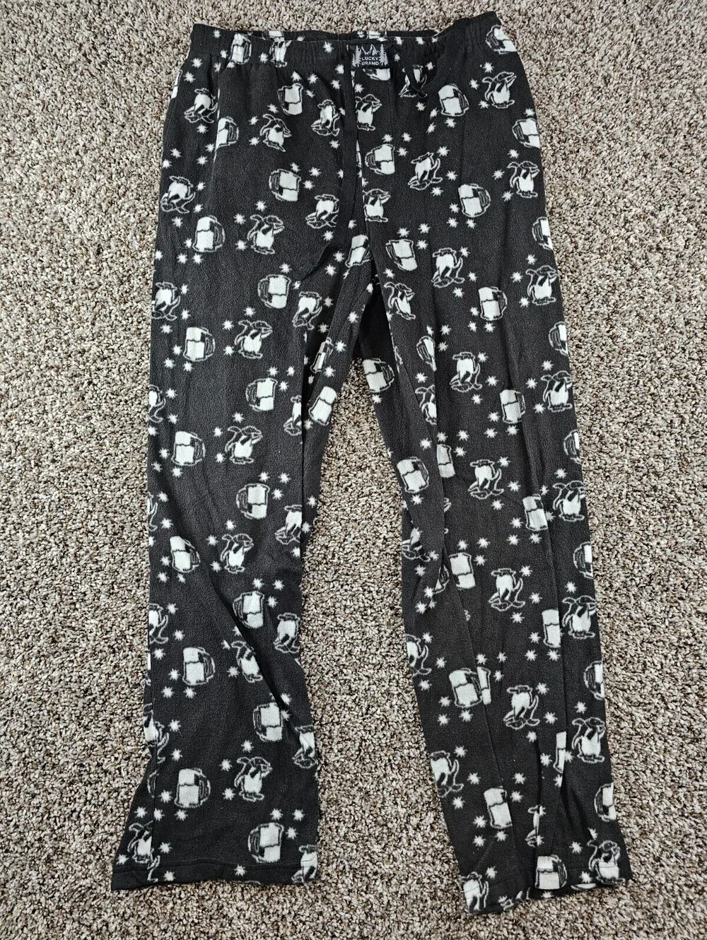 Lucky Brand Mens Sz L Fleece Pajama Pants Black White Beer Penguin Print